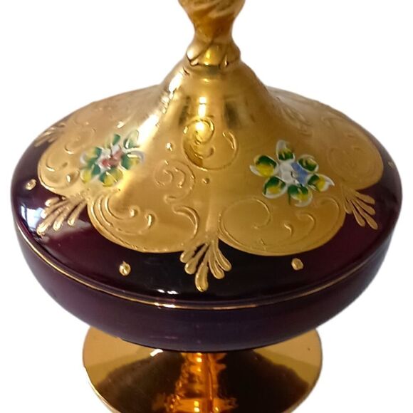Ardalt Covered Dish Italy Gold Floral Amethyst Glass Gold Handpainted Vintage. - Picture 5 of 16